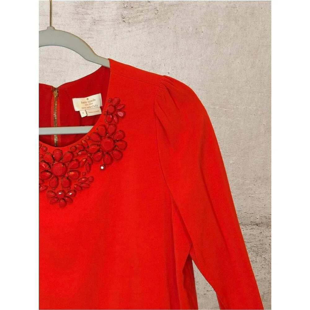 Kate Spade NY Live Colorfully Red Jewel Embellished Neckline Blouse 3/4 Sleeve 4